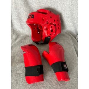 ATA Martial Arts Sparring Gear Set Red Head Guard and Hand Pads Taekwondo Karate